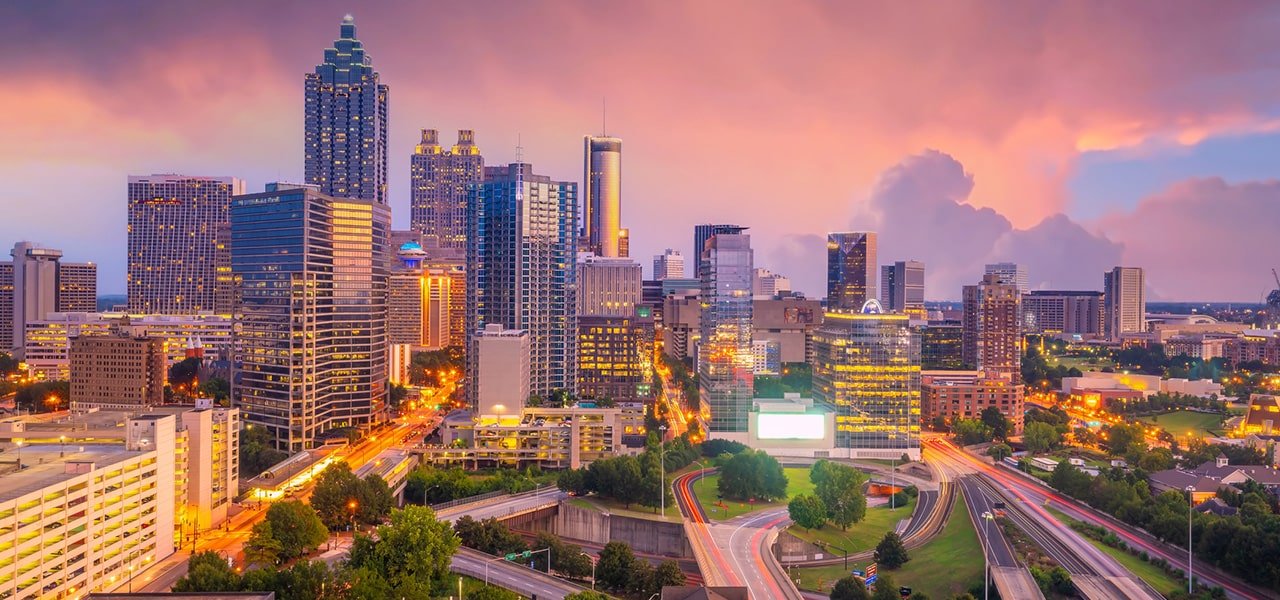 atlanta, georgia skyline buildings at sunset