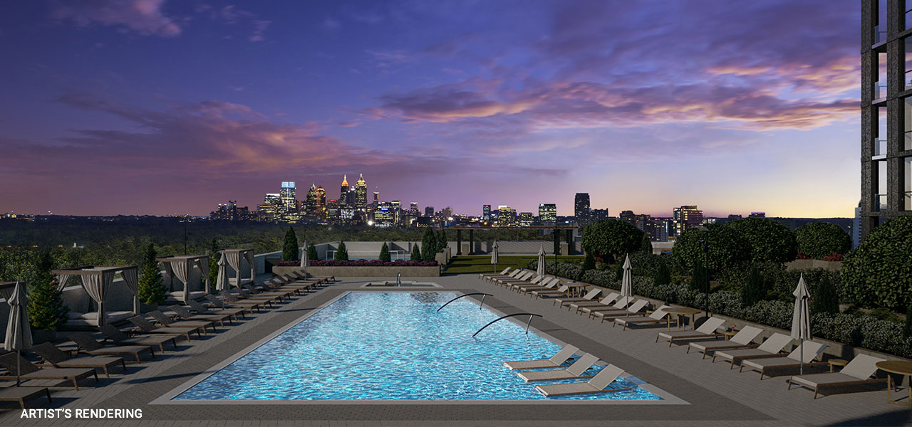 The Dillon Buckhead at night with the pool and night sky - artist rendering