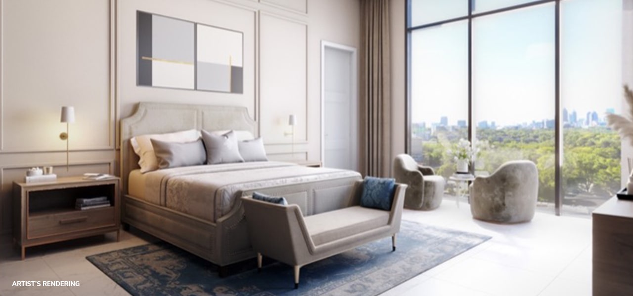bedroom rendering with city view