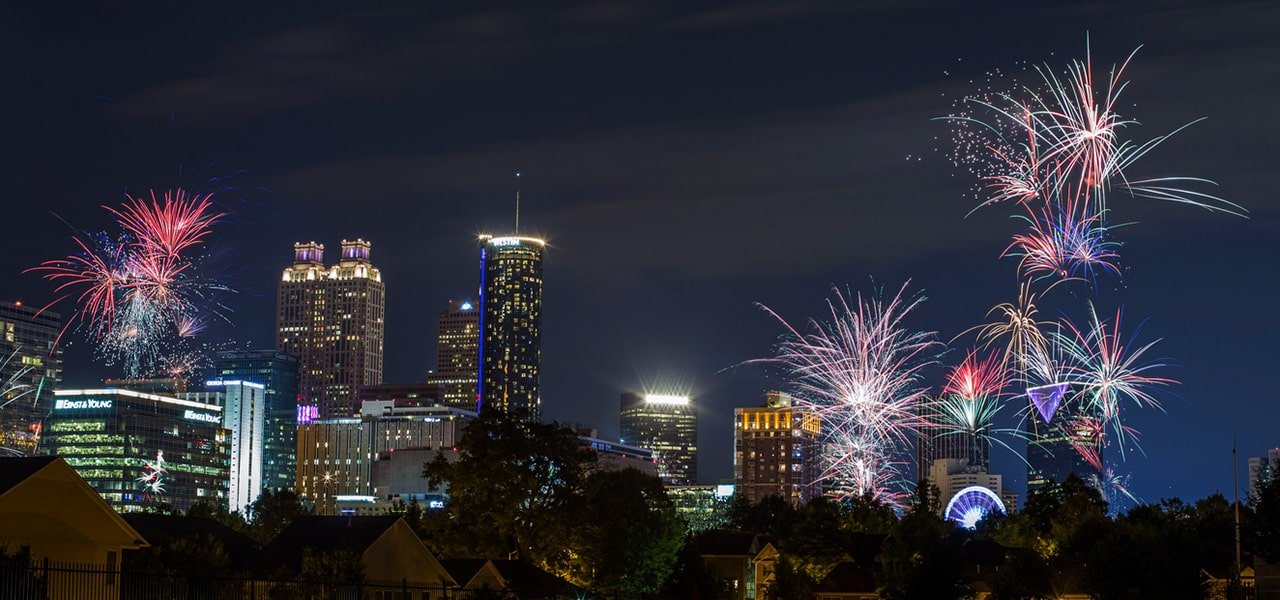 fireworks over the Atlanta skyline