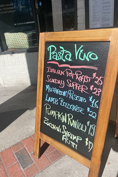 Pasta Vino street sign menu